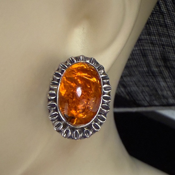 Sterling Silver Amber Oval Stud Earrings - Deep Orange - Picture 12 of 13